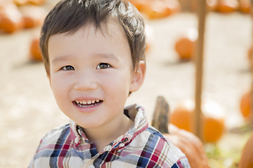 Image showing Mixed Race Young Boy Having Fun at the Pumpkin Patch