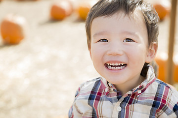 Image showing Mixed Race Young Boy Having Fun at the Pumpkin Patch