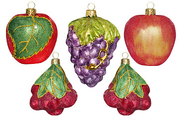 Image showing 5 Christmas decorations in the form of fruit on a white backgrou