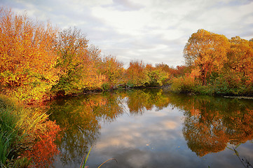 Image showing Landscape with colorful autumn trees reflected in the river