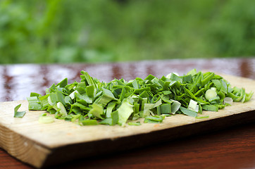 Image showing Chopped green onions on a cutting Board