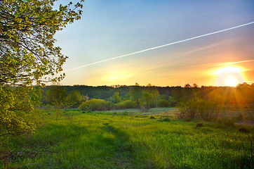 Image showing Landscape with the sunrise over the meadow and lines from the ai