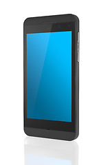 Image showing new Smartphone with blue blank screen on white background