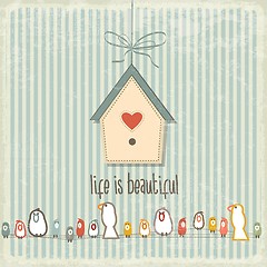 Image showing Retro illustration with happy  birds  and phrase 