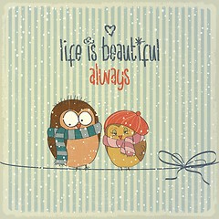 Image showing Retro illustration with happy couple birds in winter and phrase 