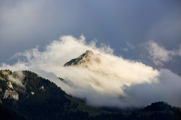 Image showing Bavarian mountain Wendelstein with fog in autumn