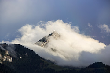 Image showing Bavarian mountain Wendelstein with fog in autumn