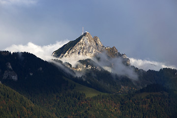 Image showing Bavarian mountain Wendelstein with fog in autumn