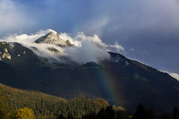 Image showing Bavarian mountain Wendelstein with fog and rainbow