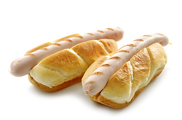 Image showing two bread buns with grilled sausages