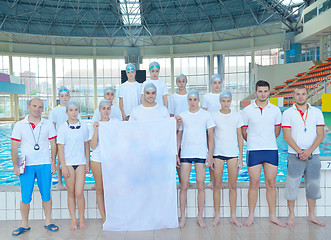 Image showing children group  at swimming pool with empty white flag