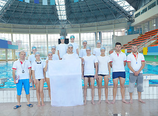 Image showing children group  at swimming pool with empty white flag