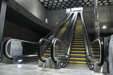 Image showing Moving escalator in the business center