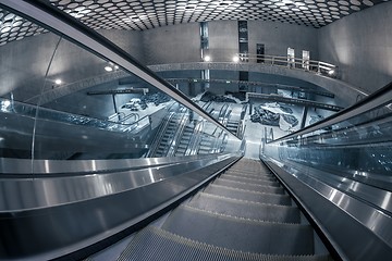 Image showing Moving escalator in the business center