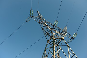 Image showing Large transmission towers at sunset