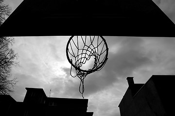 Image showing Close up of basketball hoop from below