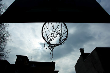 Image showing Basketball hoop shot from below