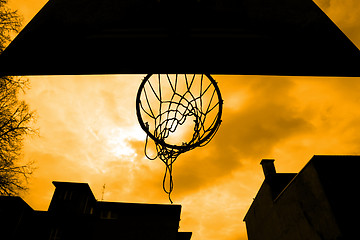 Image showing Close up of basketball hoop shot from below