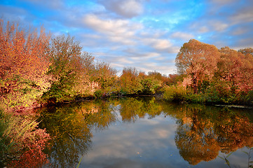 Image showing Landscape with colorful autumn trees reflected in the river