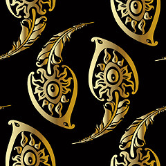 Image showing Beautiful peacock feathers. Gold pattern.