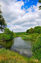 Image showing Summer landscape with low clouds and the river