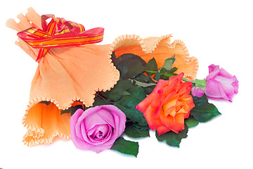 Image showing Bouquet of roses in a beautiful package on a white background.