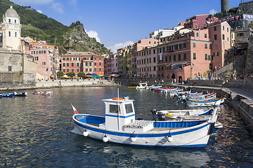 Image showing Boats in the harbor in Vernazza