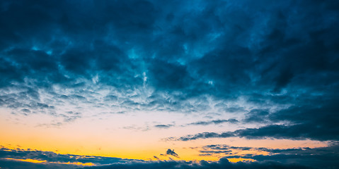 Image showing Dark Blue Dramatic Sky At Sunset Sunrise Background