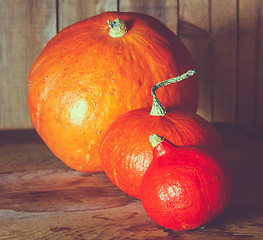 Image showing Pumpkins On Grunge Wooden Backdrop Background