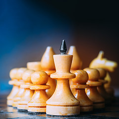 Image showing Chess Leader Leading His Army White Wooden Figures