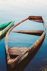 Image showing Old Sunken Wooden Fishing Boat In River. Belarusian Nature
