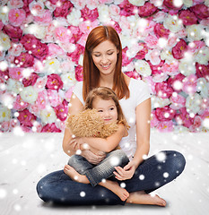 Image showing happy mother with little girl and teddy bear