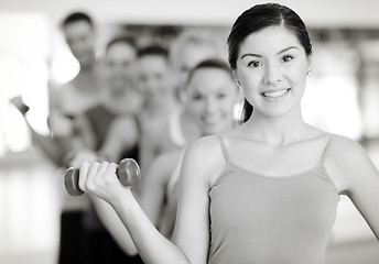 Image showing group of smiling people with dumbbells in the gym