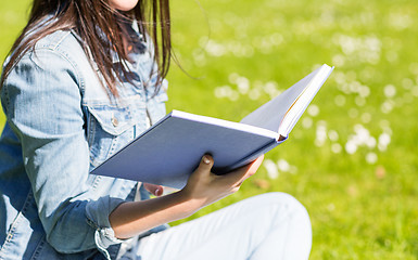 Image showing close up of smiling young girl with book in park