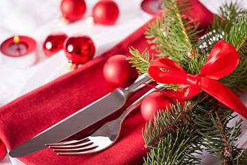 Image showing Red themed Christmas place setting