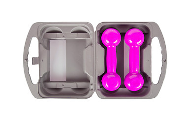 Image showing Pink dumbbells in a grey case