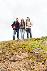 Image showing group of smiling friends with backpacks hiking