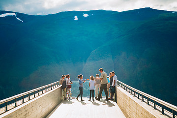 Image showing Tourists On Stegastein Viewpoint (Aurland, Sogn Og Fjordane, Nor