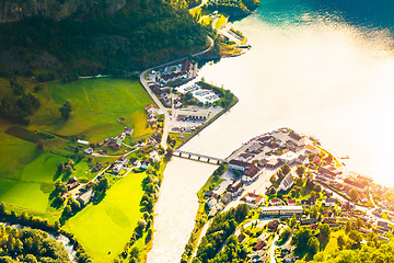 Image showing Small Town And Cruise Port Aurlandsvangen In Norwegian Fjords. V