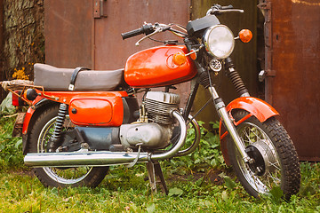 Image showing Vintage Red Motorcycle Generic Motorbike In Countryside 