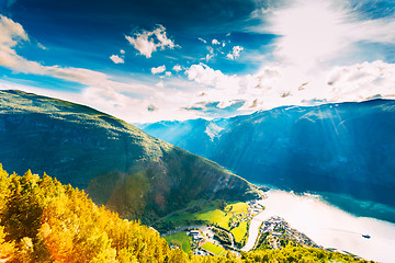 Image showing Small Town And Cruise Port Aurlandsvangen In Norwegian Fjords. V