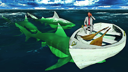 Image showing businessman surrounded by sharks