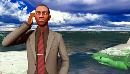 Image showing African businessman surrounded by sharks