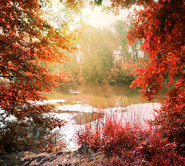 Image showing Sunbeams over river