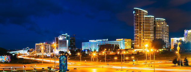Image showing Night Panorama Scene Building In Minsk, Belarus