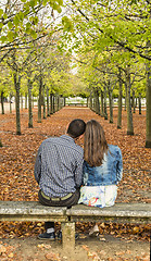 Image showing Young Couple Sitting on a Bench in a Park in Autumn