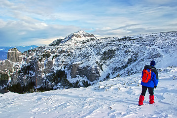 Image showing Tourist on mountain