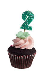 Image showing Mini cupcake with birthday candle for two year old