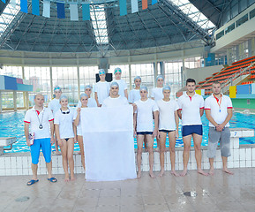 Image showing children group  at swimming pool with empty white flag