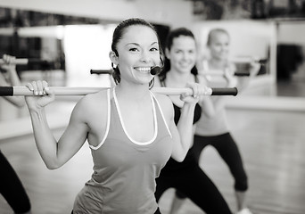 Image showing group of smiling people working out with barbells